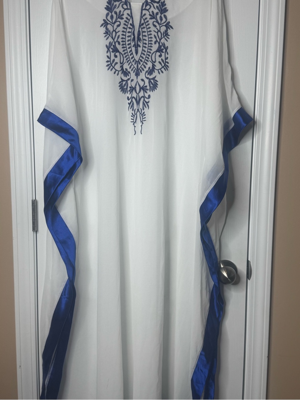 White & Royal Blue Embroidered Kaftan cover up Dress